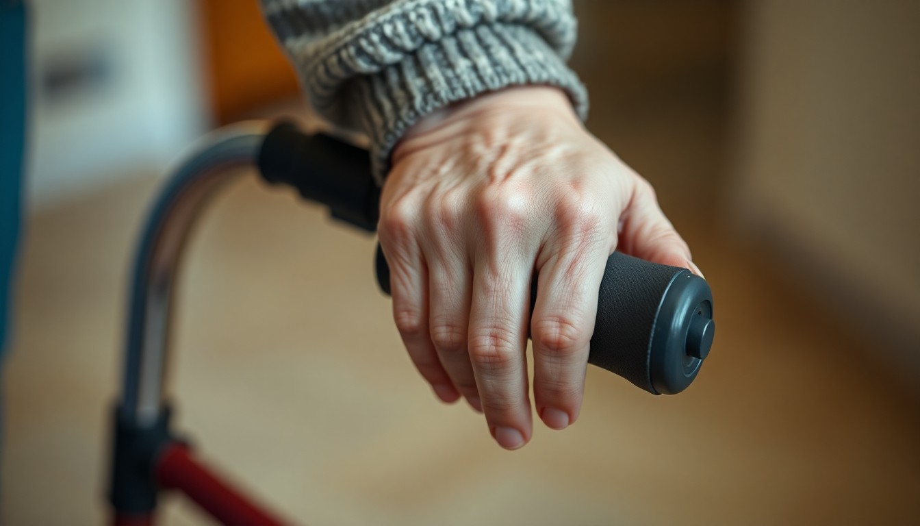 Close up of an elderly person's hand resting gently on a walker, warm lighting, compassionate tone, photorealistic, 4k