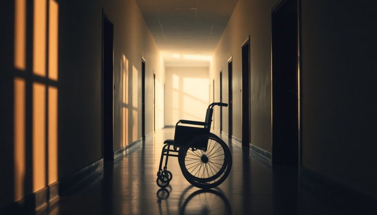 An empty wheelchair in a hallway with soft sunlight, poignant atmosphere, high resolution, 4k