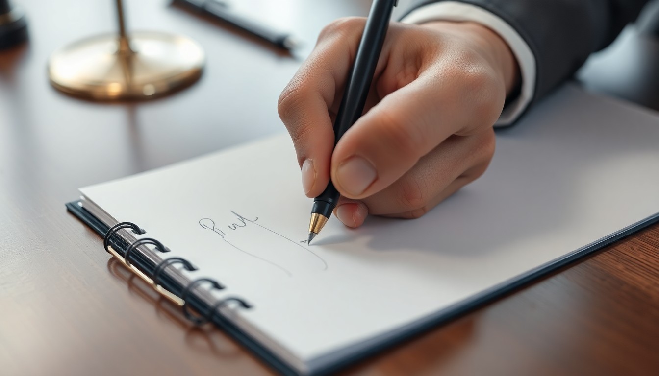 Close up of a hand writing on a legal notepad with a pen, serious tone, law office setting, 4k