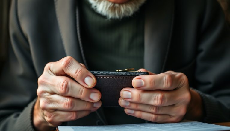 Elderly hands holding a wallet and reading a document, serious expression, detailed texture, 4k