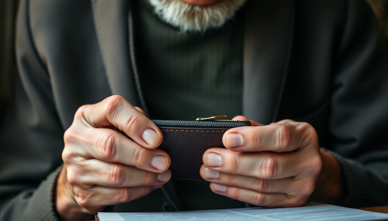 Elderly hands holding a wallet and reading a document, serious expression, detailed texture, 4k