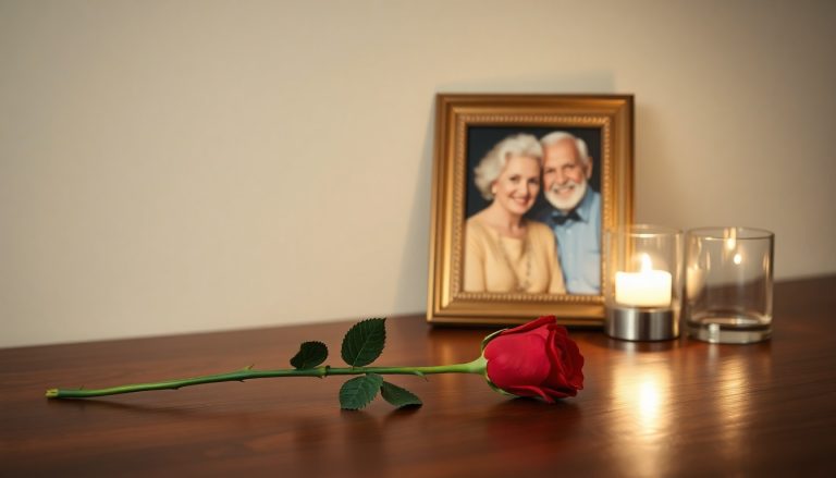 A single rose on a table next to a framed photo of an elderly couple, respectful, soft lighting, 4k