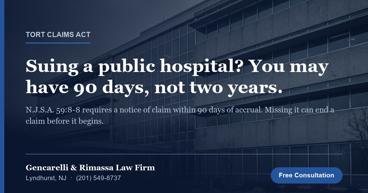 Civic hospital building facade; article on the New Jersey Tort Claims Act 90-day notice deadline