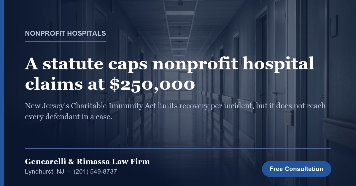Empty hospital corridor; article on New Jersey's Charitable Immunity Act damages cap