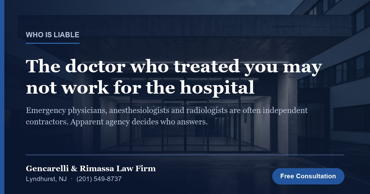 Hospital emergency entrance at dusk; article on hospital versus physician liability in New Jersey