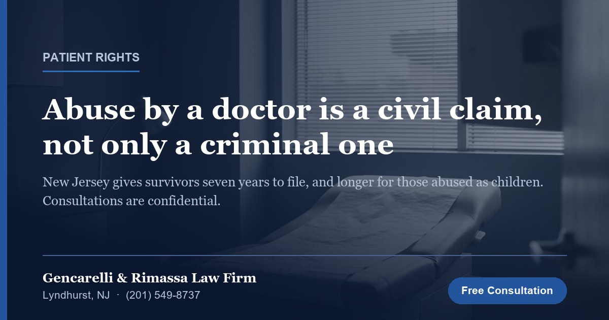 Empty medical examination room; article on civil claims for sexual abuse by a doctor in New Jersey