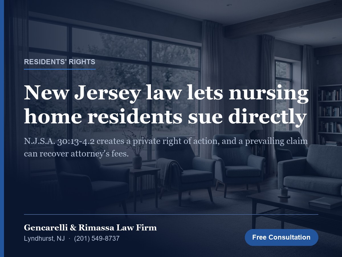 Empty care facility sitting room; article on New Jersey nursing home residents' rights and the right to sue